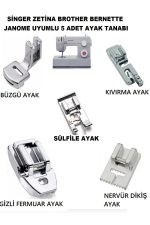 Singer Zetina Janome Brother Bernette 5'li set (kıvırma,büzgü,nervür , sürfile,gizli Fermuar Ayak)