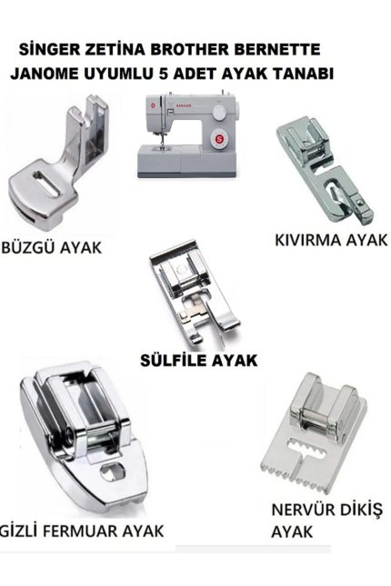 Singer Zetina Janome Brother Bernette 5'li set (kıvırma,büzgü,nervür , sürfile,gizli Fermuar Ayak)