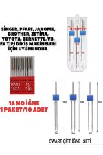 TÜM EV TİPİ MAKİNELERE UYGUN 10 Adet 14 No Iğne Ve Nervür Için Çift Iğne Singer Zetina (2MM-3MM-4MM)
