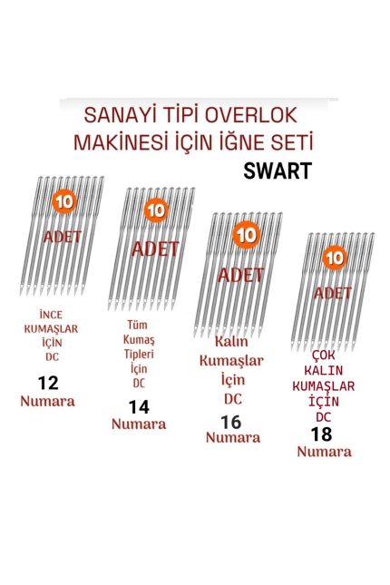 SANAYİ OVERLOK İGNE SETİ SİNGER JUKİ TYPİCAL KONFEKSİYON TERZİ  12-14-16-18 NUMARA 40 ADET.